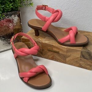 Vionic Angelica Puffy Twist‎ Kitten Heel Sling Back Sandals Coral Leather Size 5